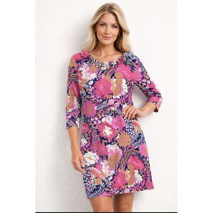 Women's Talbots Ruffled Neck Woven Shift Dress Sz Sp Floral Coastal